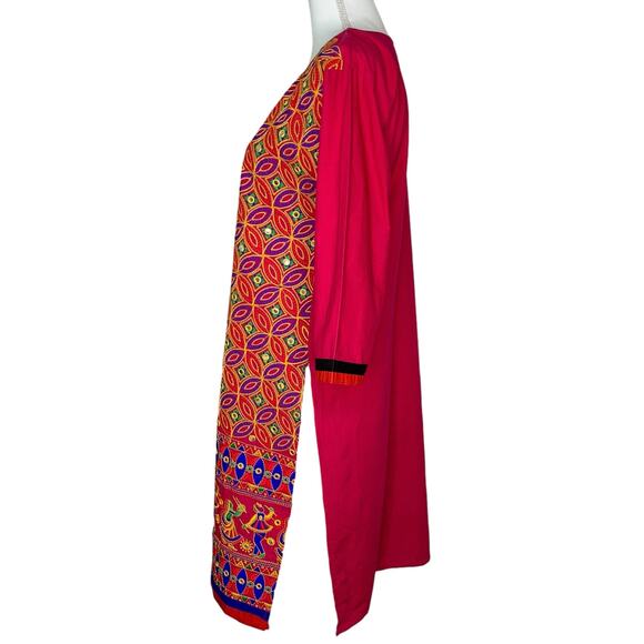 Indian Pink Cotton Multicolor Embroidered Dancers Geometric Sequins Tunic Top - Picture 2 of 9